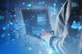 Close up of hacker hands using laptop with creative binary coding hologram on blurry background. Software programming code and Royalty Free Stock Photo