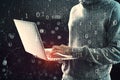 Close up of hacker hands using laptop while standing on abstract dark hacking background with bokeh circles and binary coding. Royalty Free Stock Photo
