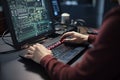 Close up of a hacker using a computer to steal information. Male programmer closeup rear view working on a laptop, Ai Generated Royalty Free Stock Photo