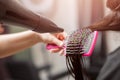 Close-up of hair dryer and brush, concept cut salon female stylist Royalty Free Stock Photo