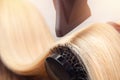 Close-up of hair dryer, concept cut salon, female stylist Royalty Free Stock Photo