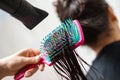 Close-up of hair dryer, concept cut salon, female stylist Royalty Free Stock Photo