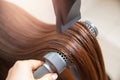 Close-up of hair dryer, concept cut salon, female stylist