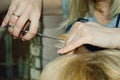 a hairdresser cuts a woman with blond short hair