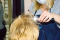 hairdresser dries hair with a hairdryer and styles