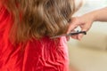 Close up of hairdresser hands cutting brown hair at home. Professional stylist trimming hair split ends Royalty Free Stock Photo