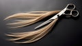 A Close-Up of Hairdresser\'s Scissors Clasping a Strand of Blonde Hair Royalty Free Stock Photo