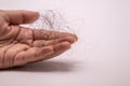 Close up hairs loss fall with in holding hand isolate on white background.