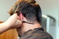 Close up of hairstylist`s hands cutting strand of man`s hair. Professional hairdresser or barber occupation.