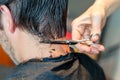 Close up of hairstylist`s hands cutting strand of man`s hair. Professional hairdresser or barber occupation. Royalty Free Stock Photo