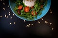 Close up of a half blue plate of cheese salad with cherry tomatoes, arugula and pinions on a black table Royalty Free Stock Photo