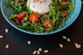 Close up of a half blue plate of cheese salad with cherry tomatoes, arugula and pinions Royalty Free Stock Photo