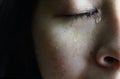 Close-up half face of Asian woman crying with tears, isolated on dark background. Concepts of emotion and expression of human Royalty Free Stock Photo