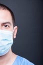 Close-up half face of doctor wearing scrubs and sterile mask Royalty Free Stock Photo