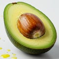 A close-up of a halved avocado on a white background, displaying its smooth, light green