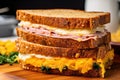 close-up of a ham and cheese sandwich on whole wheat bread Royalty Free Stock Photo