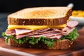 close-up of a ham and cheese sandwich on whole wheat bread Royalty Free Stock Photo