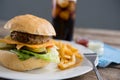 Close up of hamburger and french fries served in plate Royalty Free Stock Photo