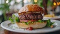 A close up of a hamburger on top of a white plate, AI Royalty Free Stock Photo