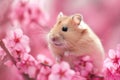 Close up of hamster on background of pink flowers. The image is generated with the use of an AI.
