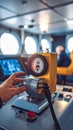 Close up on hand adjusting control panel gauge in ship bridge with bright windows and blurred background Royalty Free Stock Photo