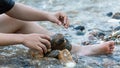 Close up stone arrangement by the river Vacation installments during the summer Royalty Free Stock Photo