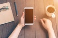 Close up hand asia woman using phone in coffee shop with vintage Royalty Free Stock Photo