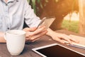 Close up hand asia woman using phone in coffee shop with vintage Royalty Free Stock Photo