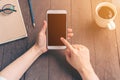 Close up hand asia woman using phone in coffee shop with vintage Royalty Free Stock Photo