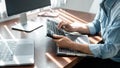 Close up of hand asian woman programmer typing code data about new project with keyboard on laptop