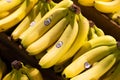 Close-up of hand of bananas in supermarket on wooden counter Royalty Free Stock Photo