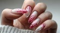 close-up of a hand with a beautiful cat manicure of pink pearl color on a light background, banner