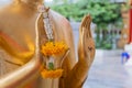 Close up Hand of The Buddha statue gold color hold flower garland in temple Royalty Free Stock Photo