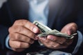 Close up hand. Business man counting money dollar on desk. Loans - personal financial insurance lifestyle real estate concept Royalty Free Stock Photo