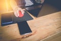 Close up hand business man using mouse and laptop in office with Royalty Free Stock Photo