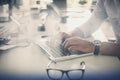 Close up of hand. Business man working on laptop in office. Royalty Free Stock Photo