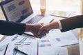 Close up hand of business people shaking hands finishing up meeting showing unity Royalty Free Stock Photo