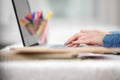 Close up hand of business woman typing on keyboard working with computer laptop. Hands of woman chatting or writing article on Royalty Free Stock Photo