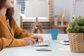 Close up hand business woman working office with computer keyboard Royalty Free Stock Photo