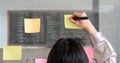 Close up hand businesswoman writing sticky notes on glass wall in office Royalty Free Stock Photo