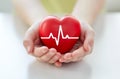 Close up of hand with cardiogram on red heart Royalty Free Stock Photo