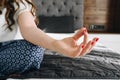 Close up of hand of caucasian woman meditating and being mindful