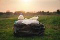 Close up hand collects plastic bottle in a park. A volunteer cleaning garbage.