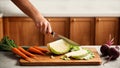 Hand cutting cabbage on wooden cutting board. Generative AI Royalty Free Stock Photo