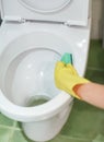 Close up of hand with detergent cleaning toilet Royalty Free Stock Photo