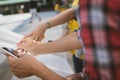 Close up of hand engineer meeting for architectural project working with partner and engineering tools on workplace. Royalty Free Stock Photo