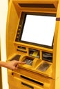 Close up of hand entering pin at an ATM. Finger about to press a pin code on a pad. Security code on an Automated Teller Machine Royalty Free Stock Photo