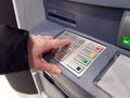 Close-up of hand entering PIN/pass code on ATM/bank machine keypad. Royalty Free Stock Photo