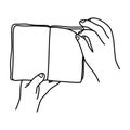 close-up hand flip over to the next page of a book vector illustration sketch doodle hand drawn with black lines isolated on whit Royalty Free Stock Photo