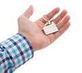 Close-up of hand giving a key ring with house isolated on white Royalty Free Stock Photo